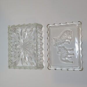 French Bulldogs clear glass trinket box reverse cut dogs fluted sides